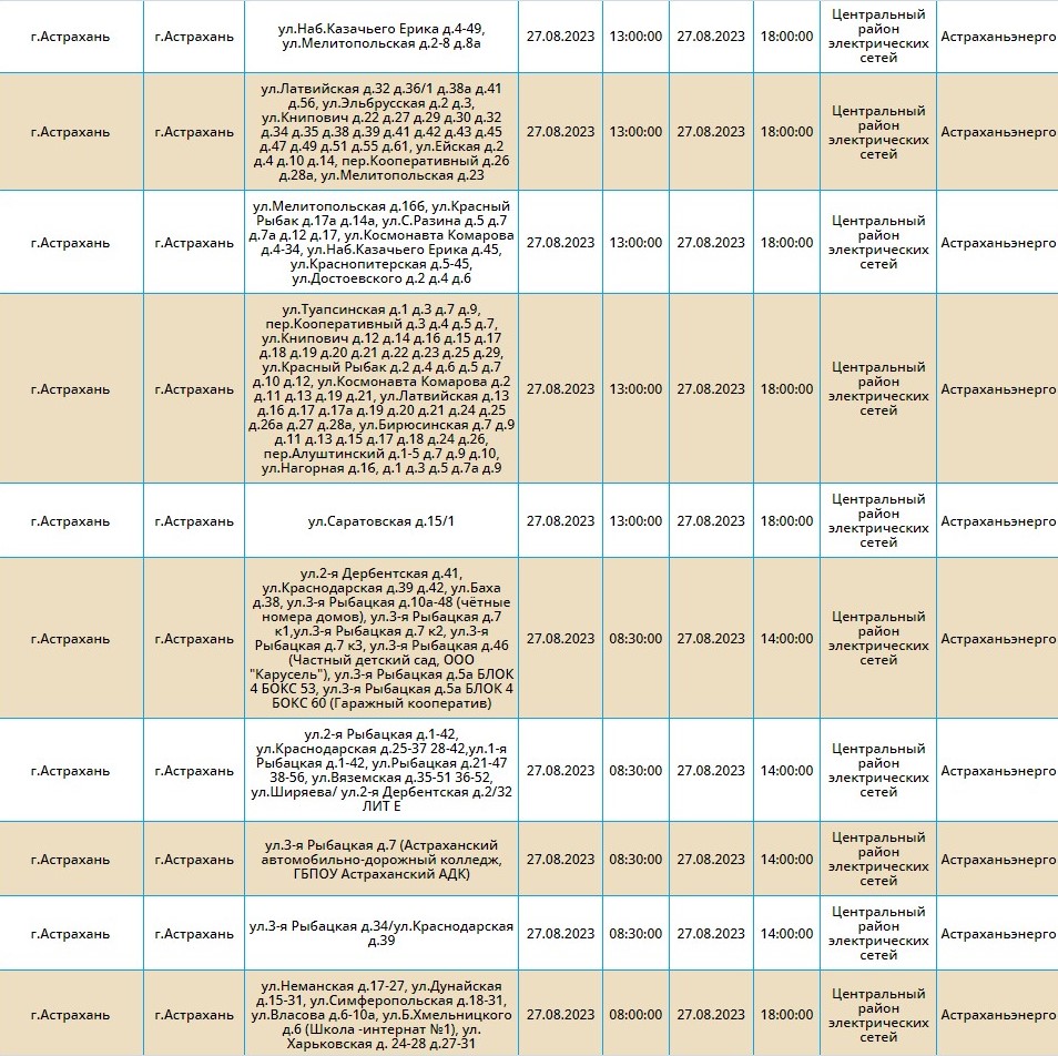 27 августа отключат свет на тридцати улицах Астрахани | 26.08.2023 |  Астрахань - БезФормата