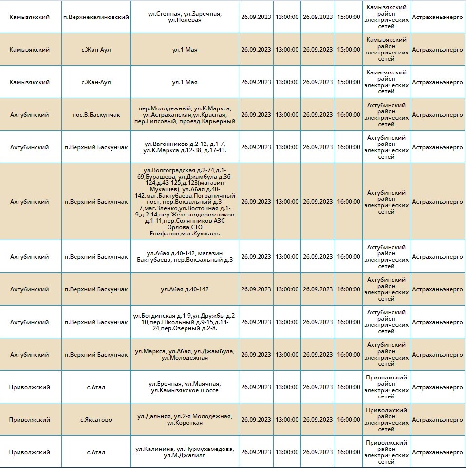 26 сентября отключат свет в Астрахани и двадцати селах