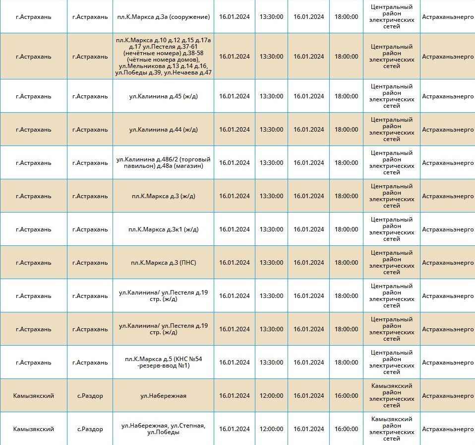 16 января отключат свет жителям более 170-и улиц Астрахани и в девяти селах